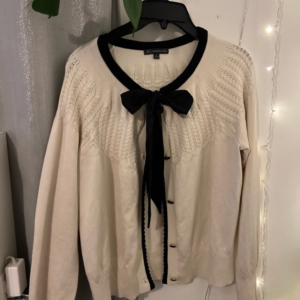 Adrianna Papell Cream Cardigan with Black Bow